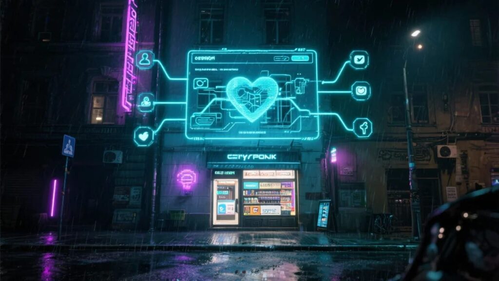 Czy warto mieć stronę internetową dla małej firmy w 2025? 2 Cyberpunkowa wizualizacja pokazująca, dlaczego warto mieć stronę internetową: jest ona cyfrowym sercem małej firmy, unoszącym się nad sklepem jako świetlisty hologram.