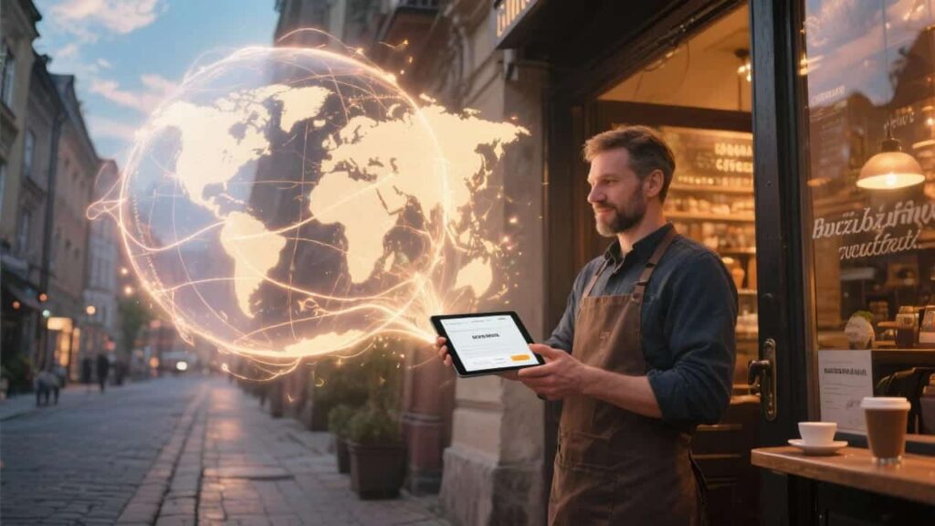 Czy warto mieć stronę internetową dla małej firmy w 2025? 4 Właściciel kawiarni trzyma tablet ze stroną internetową, z której wylatuje świetlista mapa świata, co ilustruje, jak strona www pozwala małej firmie docierać do klientów na całym świecie.
