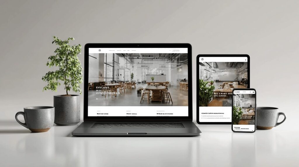 Jak promować małą firmę w internecie 3 Profesjonalna strona internetowa małej firmy wyświetlona na laptopie i smartfonie.