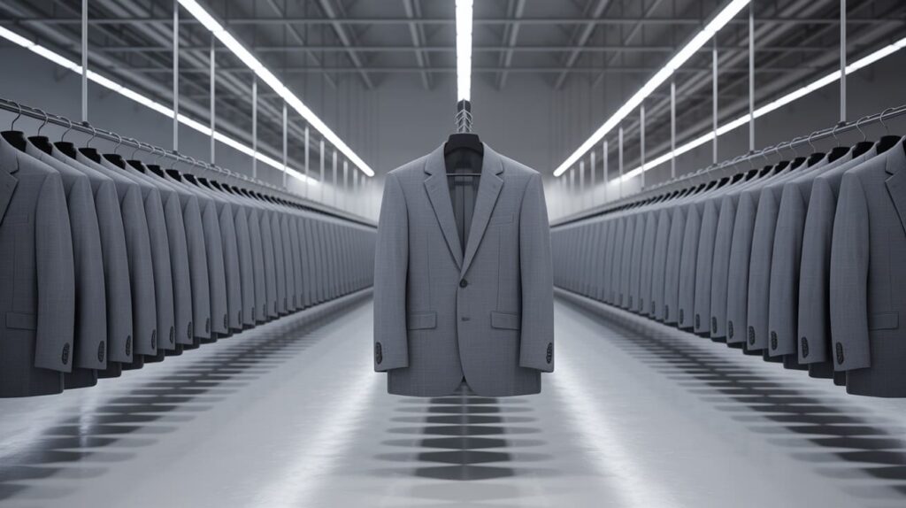 Jak wybrać agencję SEO? 3 Długi wieszak z identycznymi garniturami w sklepie sieciowym, symbolizujący szablonowe i bezosobowe podejście dużych agencji SEO.