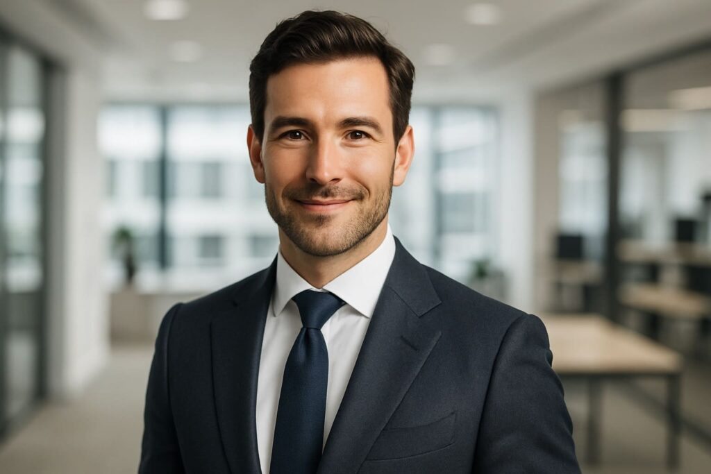 Jak wybrać agencję SEO? 5 Przedsiębiorca w idealnie dopasowanym garniturze symbolizujący sukces osiągnięty dzięki dobrze wybranej agencji SEO.