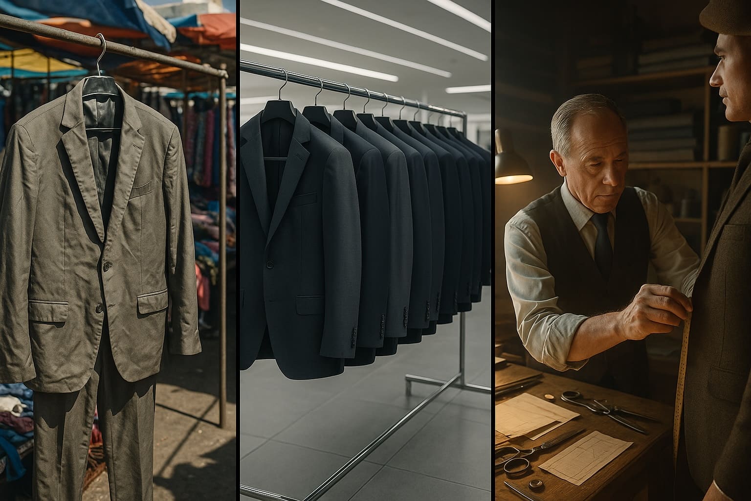 Porównanie trzech typów agencji SEO przedstawione jako trzy garnitury: tani z bazaru, sieciówkowy i szyty na miarę.