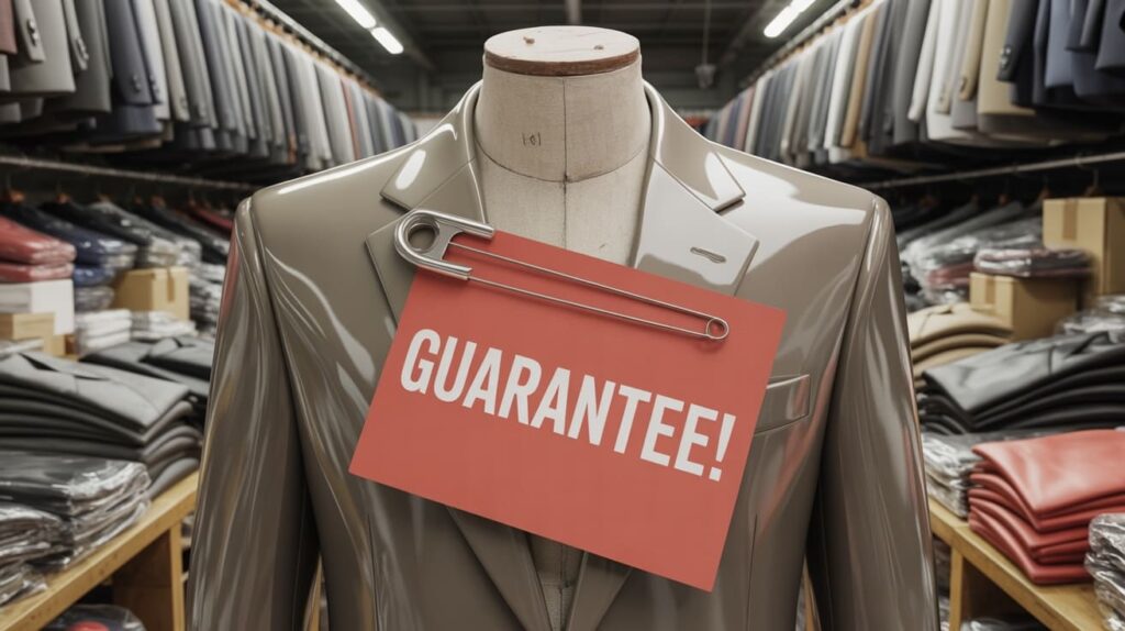 Jak wybrać agencję SEO? 2 ani, źle uszyty garnitur z czerwoną metką "Gwarancja" jako symbol złej agencji SEO i czerwonych flag, na które trzeba uważać.